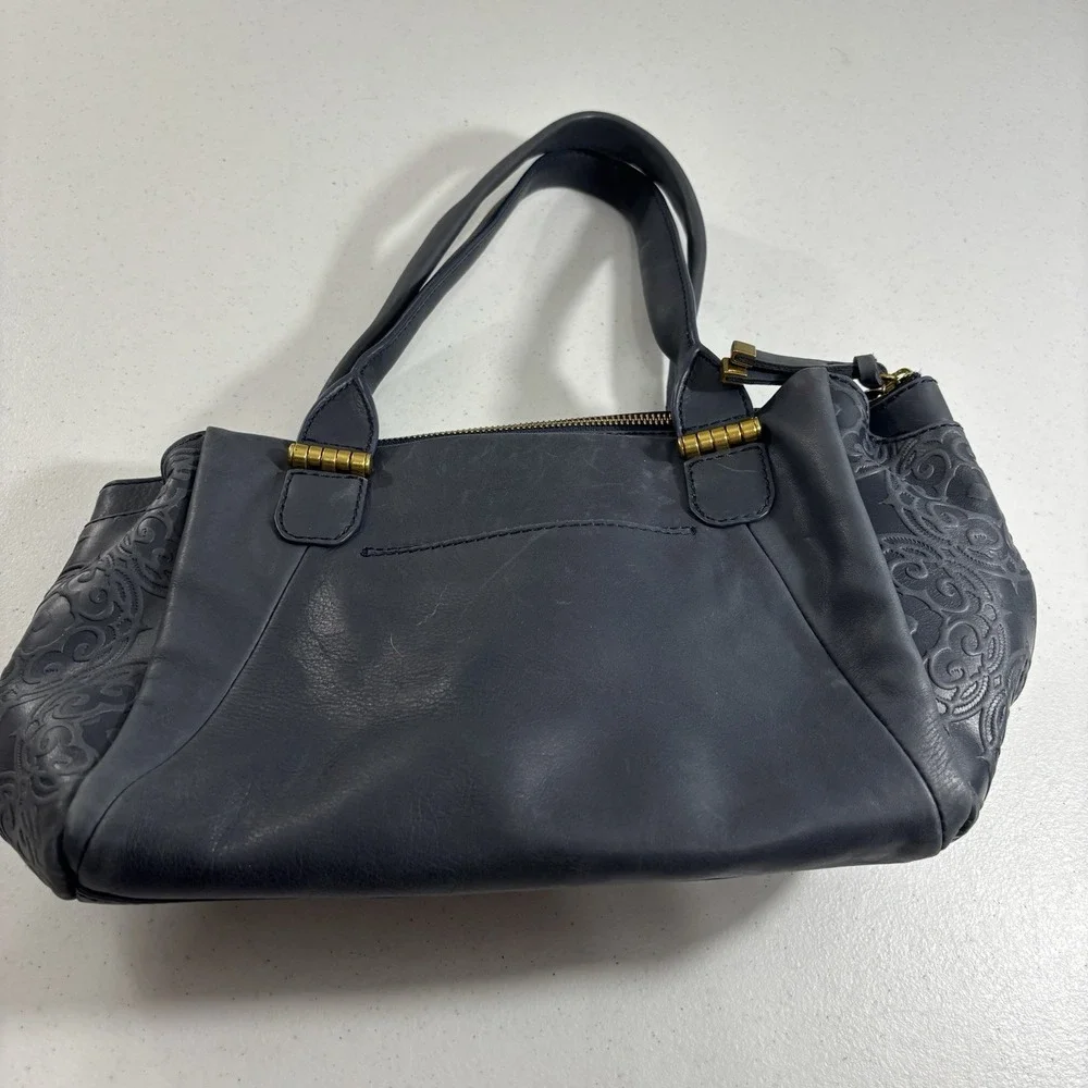 The Sak Serena Leather Handbag Navy Blue Tobacco Souk Floral Embossed